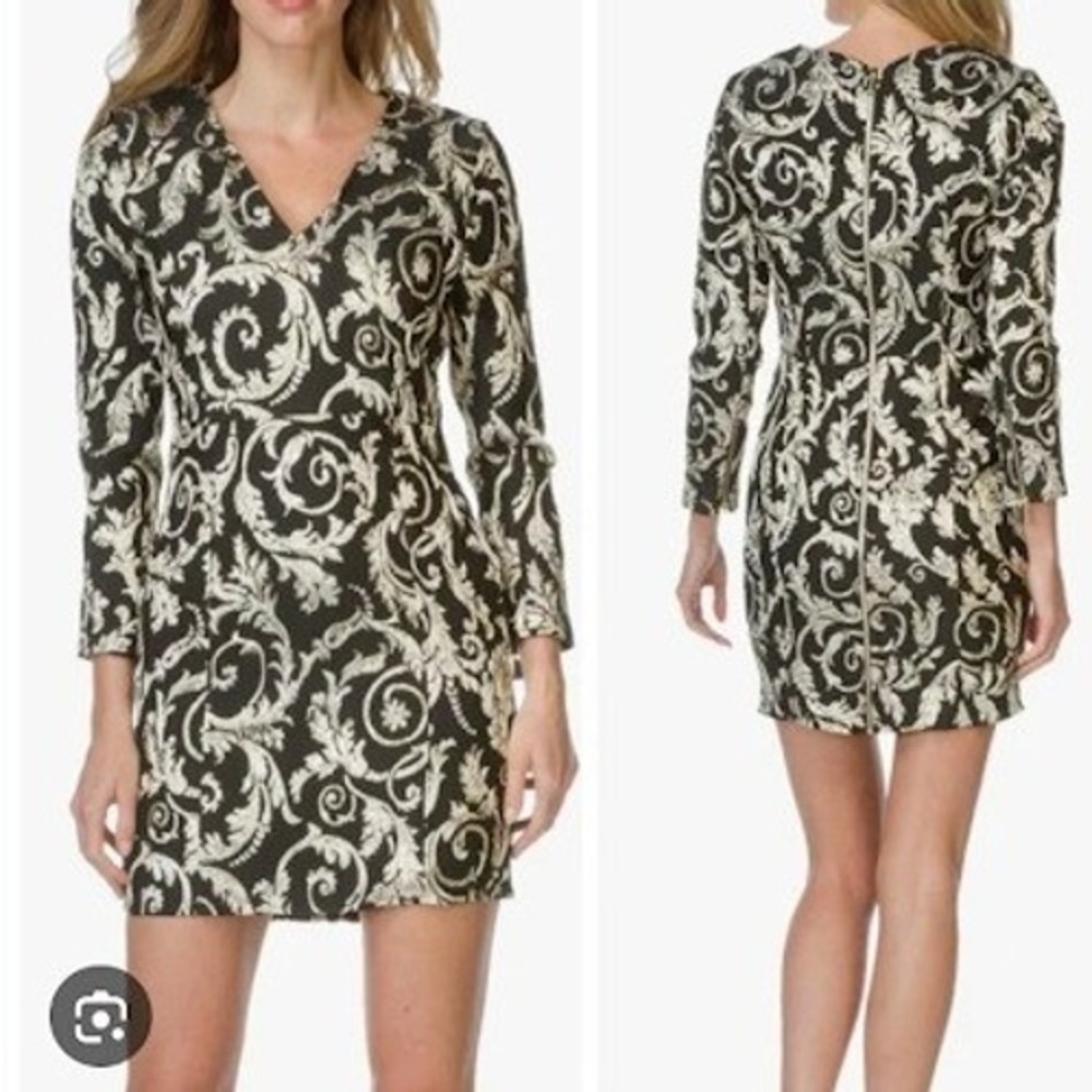 Anine Bing Black Gold Brocade‎ Foil Mini Dress Long Sleeve Zipper Size S NEW